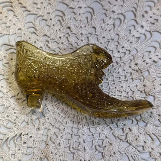 Fenton Cat Head Daisy & Button Amber Glass Shoe Art Glass Paperweight Yellow