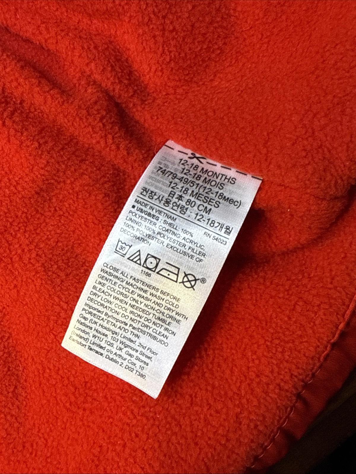 Baby Gap Red Snow Jacket 12-18 Months Coldcontrol Max Water Resistant Heavy Coat