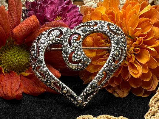 Vintage Marcasite Silver Tone artistic heart Brooch pin