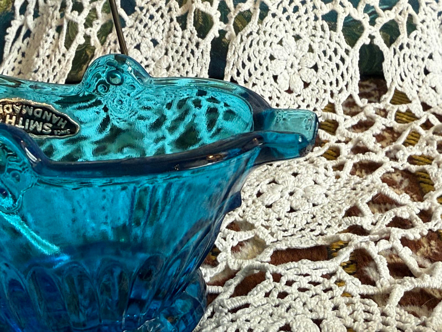 L.E. Smith Blue 'Coal Buck' Ashtray with metal handle Smith Glass